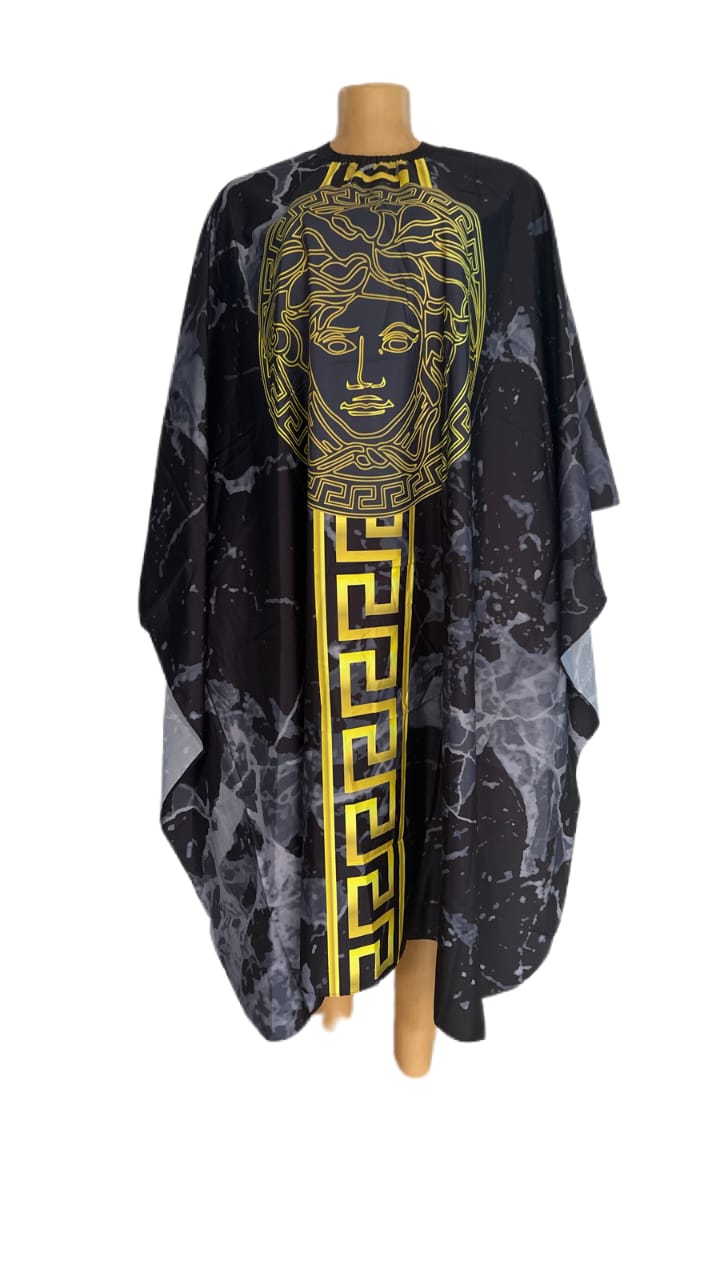 Grey Versace-inspired barber gown with marble pattern and gold detailing.