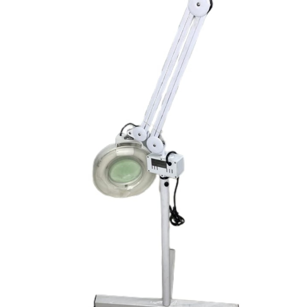 Magnifying glass on stand for spa and salon use.