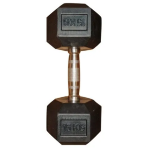 15KG hexagonal rubber dumbbell with chrome knurled handle for strength training