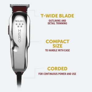 Wahl Hero Trimmer with T-Blade for precise outlining and detail trimming.