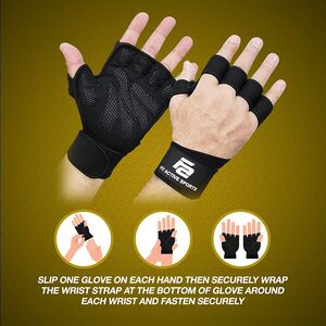 Pair of black ventilated weightlifting gloves with padded palm and mesh back