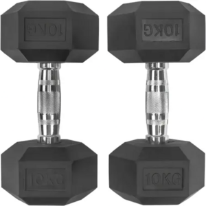 "10kg hexagonal rubber dumbbell with chrome knurled handle, designed to prevent rolling and protect floors." 1441fitness.com +1 svrg.id +1  "Single 10kg black hex dumbbell featuring ergonomic chrome handle and durable rubber-coated heads." Life Fitness Shop +5 australianbarbellco.com +5 SuperAlphago +5  "10kg hex dumbbell with anti-slip grip and non-roll hexagonal design, ideal for strength training." SuperAlphago +1 1441fitness.com +1  "Commercial-grade 10kg rubber hex dumbbell with contoured chrome handle for comfortable grip." svrg.id +5 Serrano Australia +5 NORTHERN +5