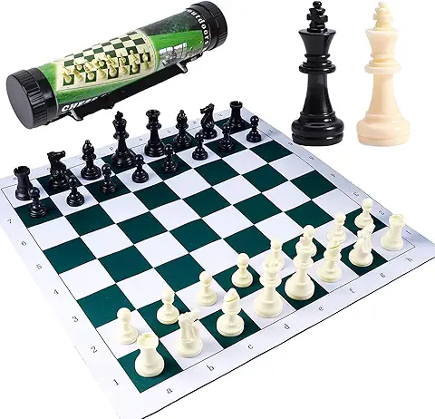 Medium-size tube chess set with rollable board and Staunton pieces