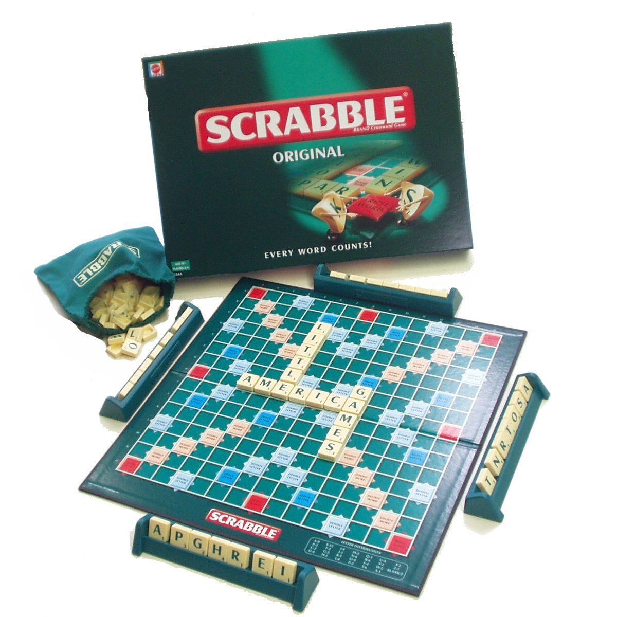 Medium-size Scrabble board game with tiles and letter racks
