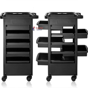 Durable and lightweight PVC salon trolley with multiple storage trays, swivel wheels for easy mobility,