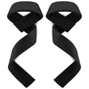 Pair of black deadlift wrist straps with loop design and padded support