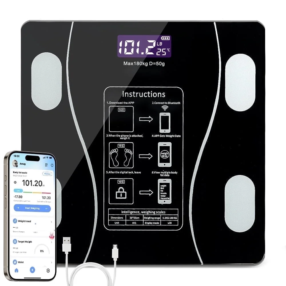 Smart Bluetooth digital weighing scale showing BMI reading