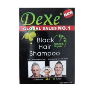 Dexe Black Hair Color Shampoo for grey coverage with herbal extracts, quick and easy to use.