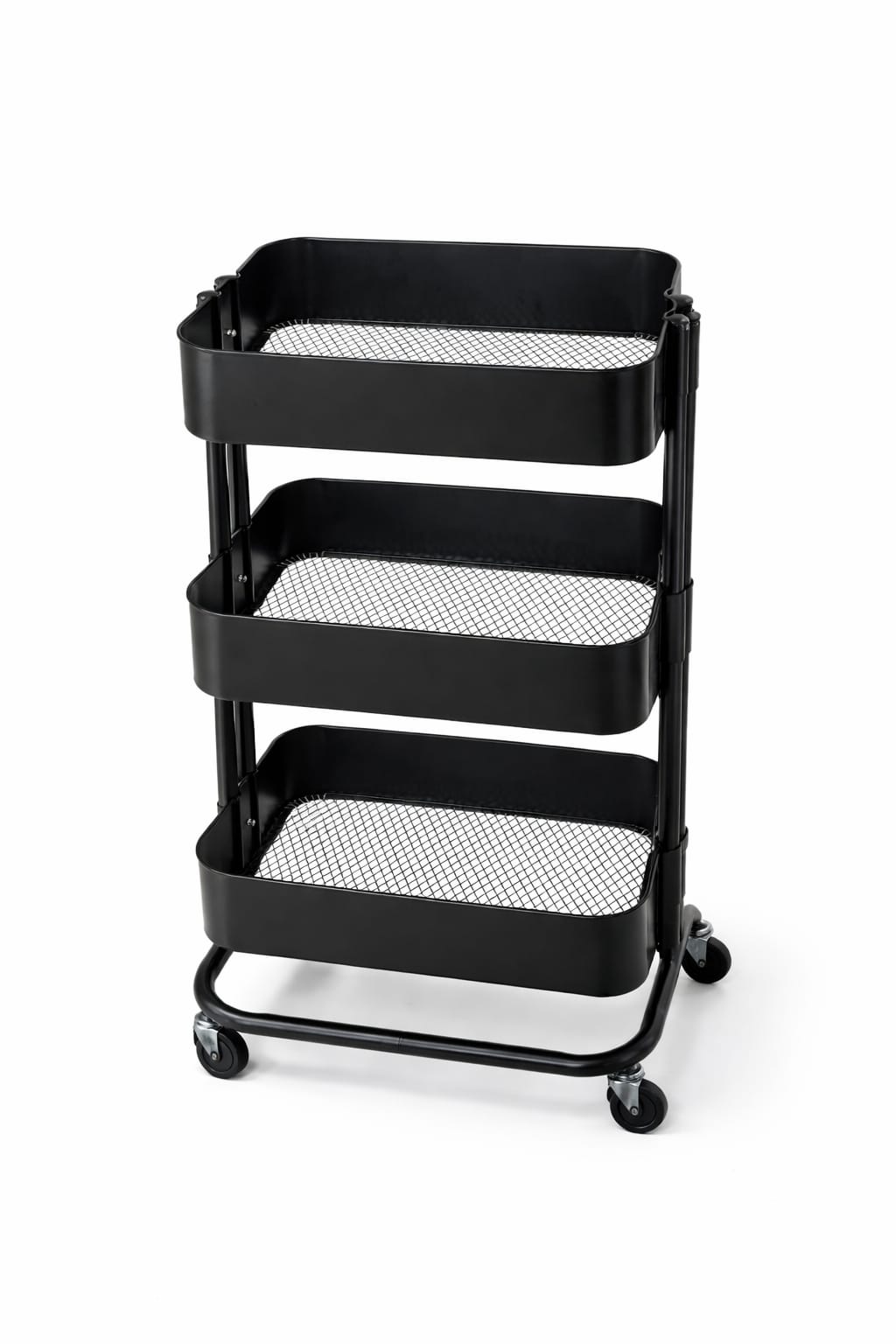 Durable metallic beauty trolley with storage & wheels.