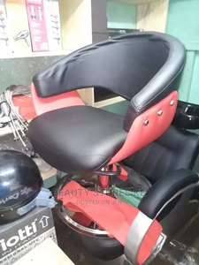 Curved red and black salon styling chair with adjustable armrests, hydraulic lift, reclining feature, and swivel base for comfort and style.