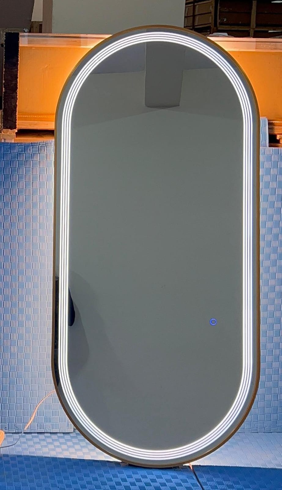 1.5M Oval Gold LED Mirror with Front & Back Lighting, Triple Line Design.