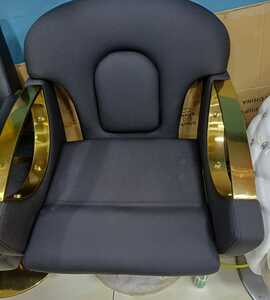 Gold Salon Styling Chair with high-quality leather, reclining backrest, adjustable headrest, and hydraulic base.