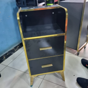 Open top wooden trolley with multiple shelves, ideal for organized storage in beauty industries.