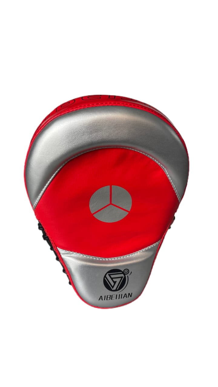 Pair of curved boxing pads with hand grips and wrist straps