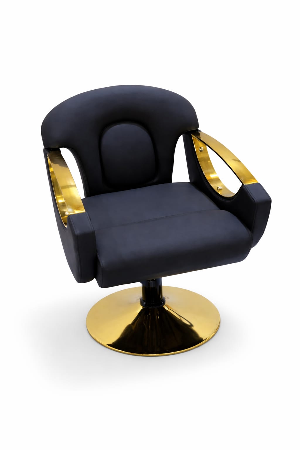 Black salon styling chair with cushioned seat and footrest.