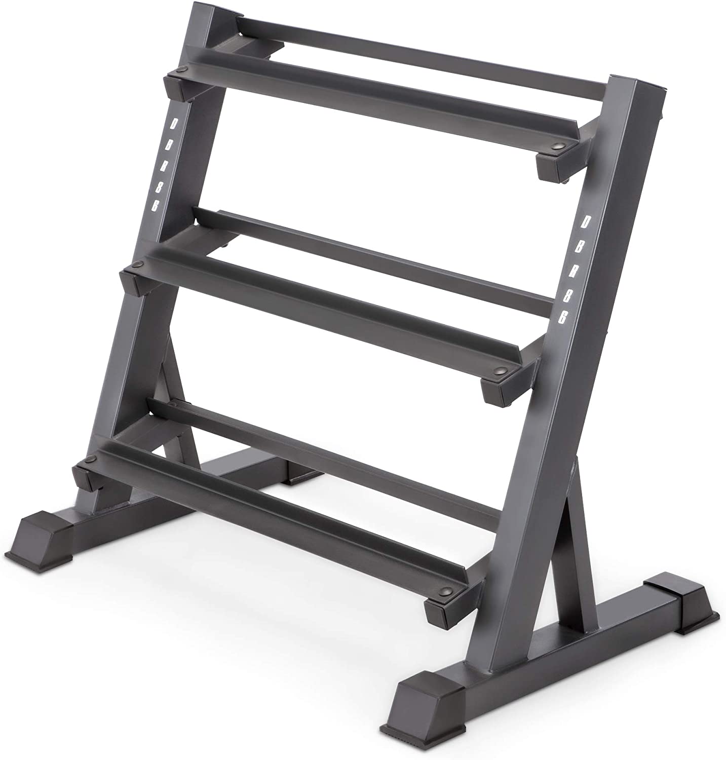 3-tier dumbbell rack holding hex weights in a gym setting