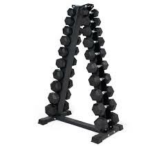V-shaped dumbbell rack with vertical weight slots on steel frame