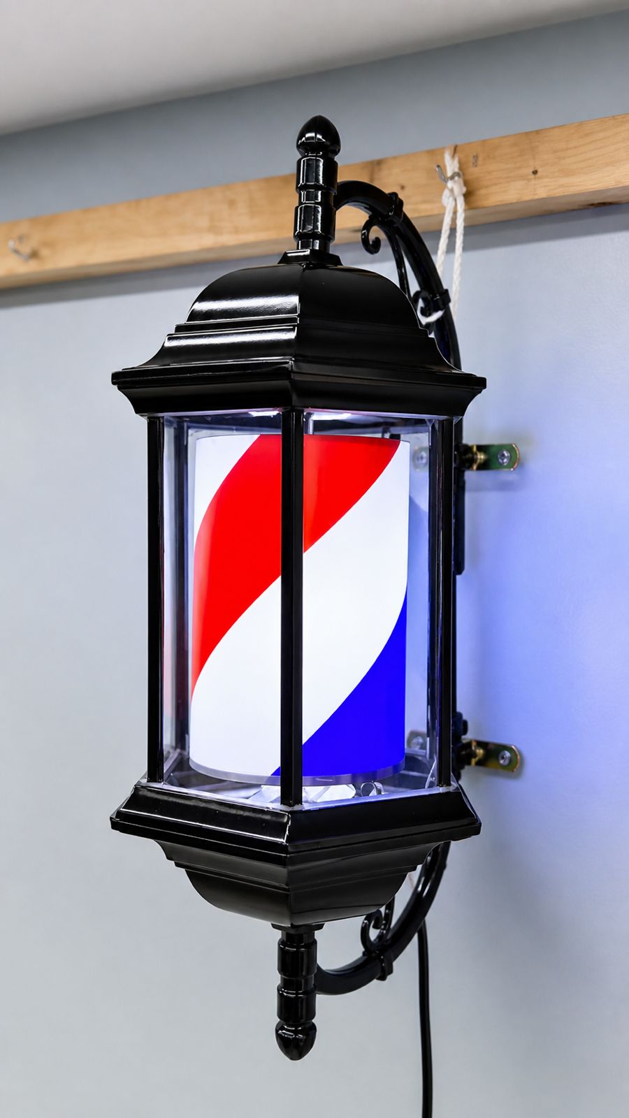 50cm LED Illuminated Barber Pole Sign – Classic Rotating Red, White & Blue Lantern Style Barber Shop Light.