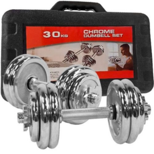 30kg adjustable dumbbell pack with cast iron plates, chrome bars, and spin-lock collars