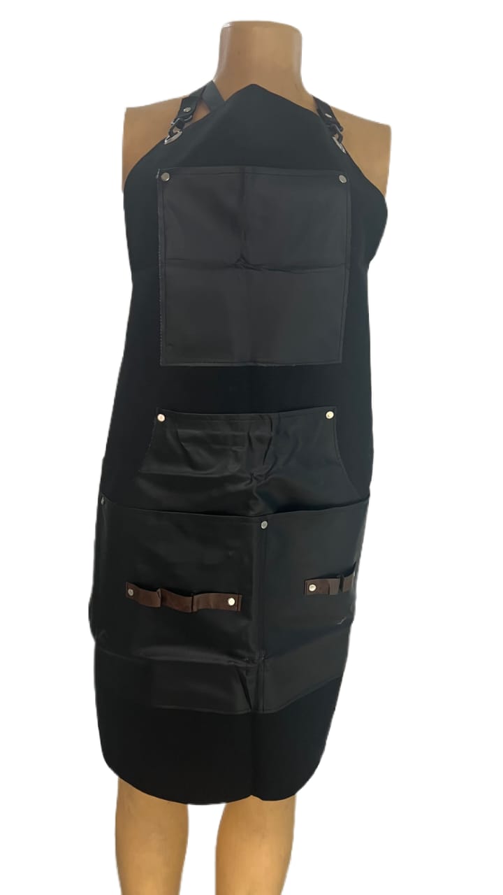 Black leather stylist gown for salon and barbershop use.