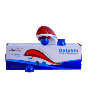 Dolphin Percussion Massager with variable intensity, 4 attachment heads, and long 9 ft power cable for full-body muscle relief.