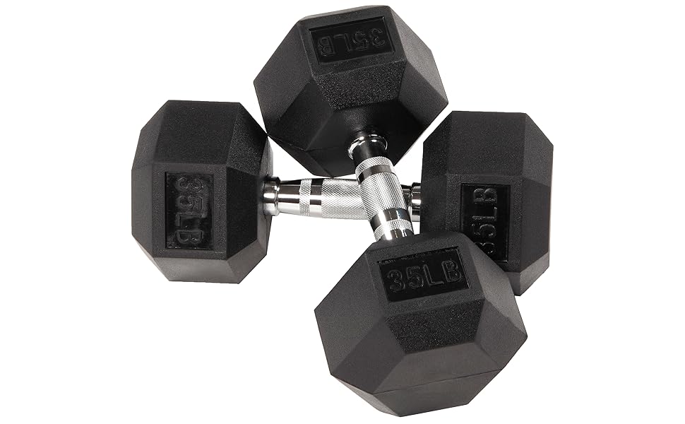 35kg hexagonal rubber-coated dumbbell with chrome handle for heavy lifting