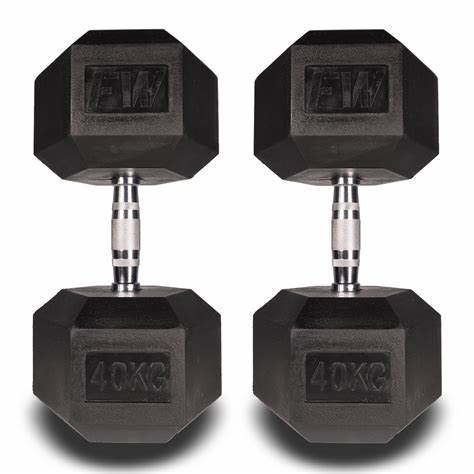 40kg rubber hex dumbbell with chrome knurled handle for strength training
