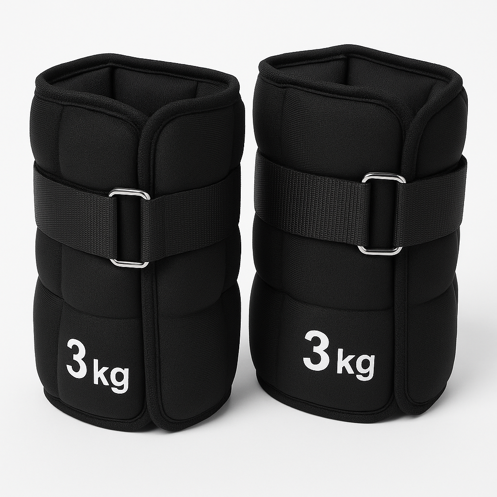 3kg pair of black neoprene ankle weights with adjustable straps and 1.5kg per side