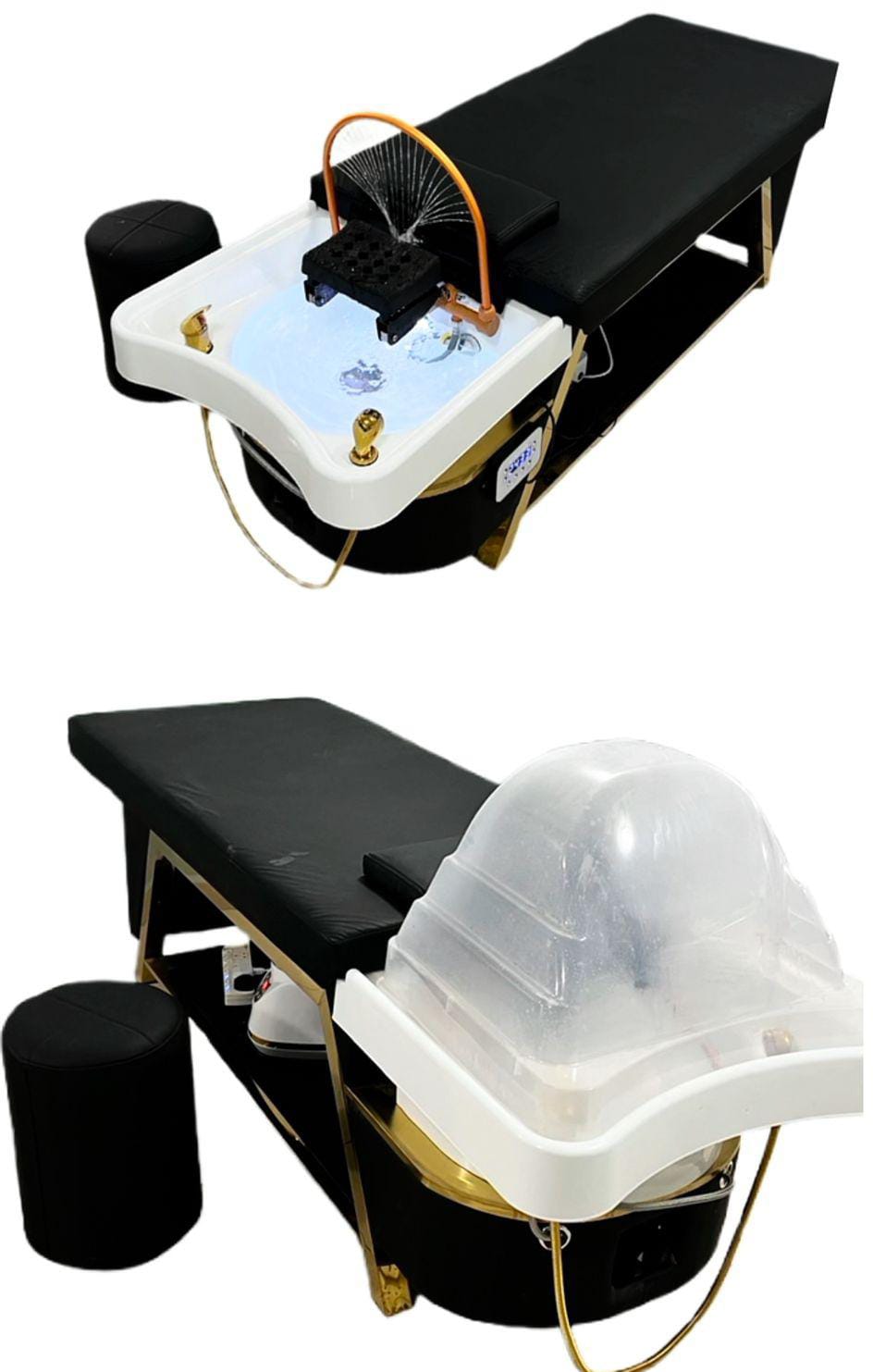 Gold flat 4-in-1 shampoo bed with massage, heated Japanese head spa, hair steamer, and shampoo unit for salons and spas.