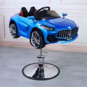 Kids' barber chair with luxury car design, adjustable height, swivel, and sturdy base.