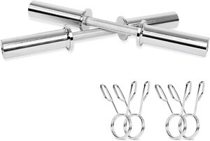 Pair of chrome Olympic dumbbell bars with rotating sleeves and spring collars