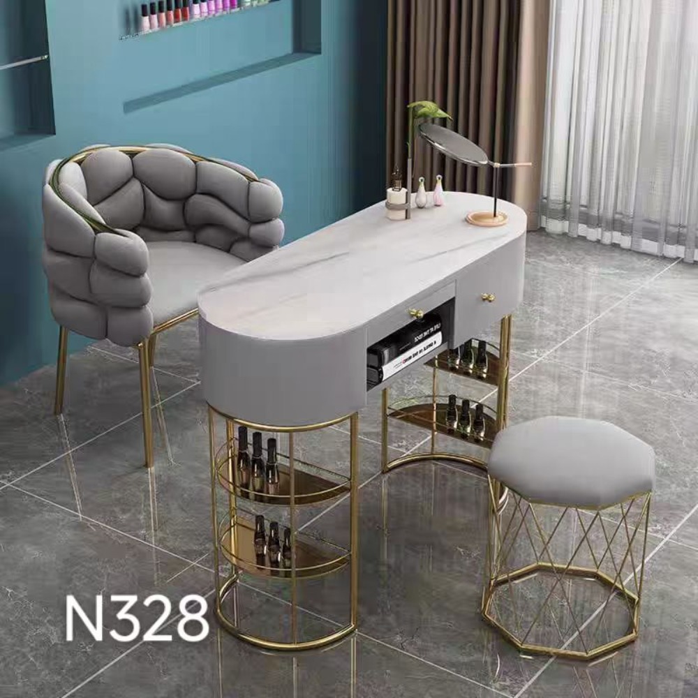 Single Pearl Luxe Manicure Set – table, client chair, and stool.