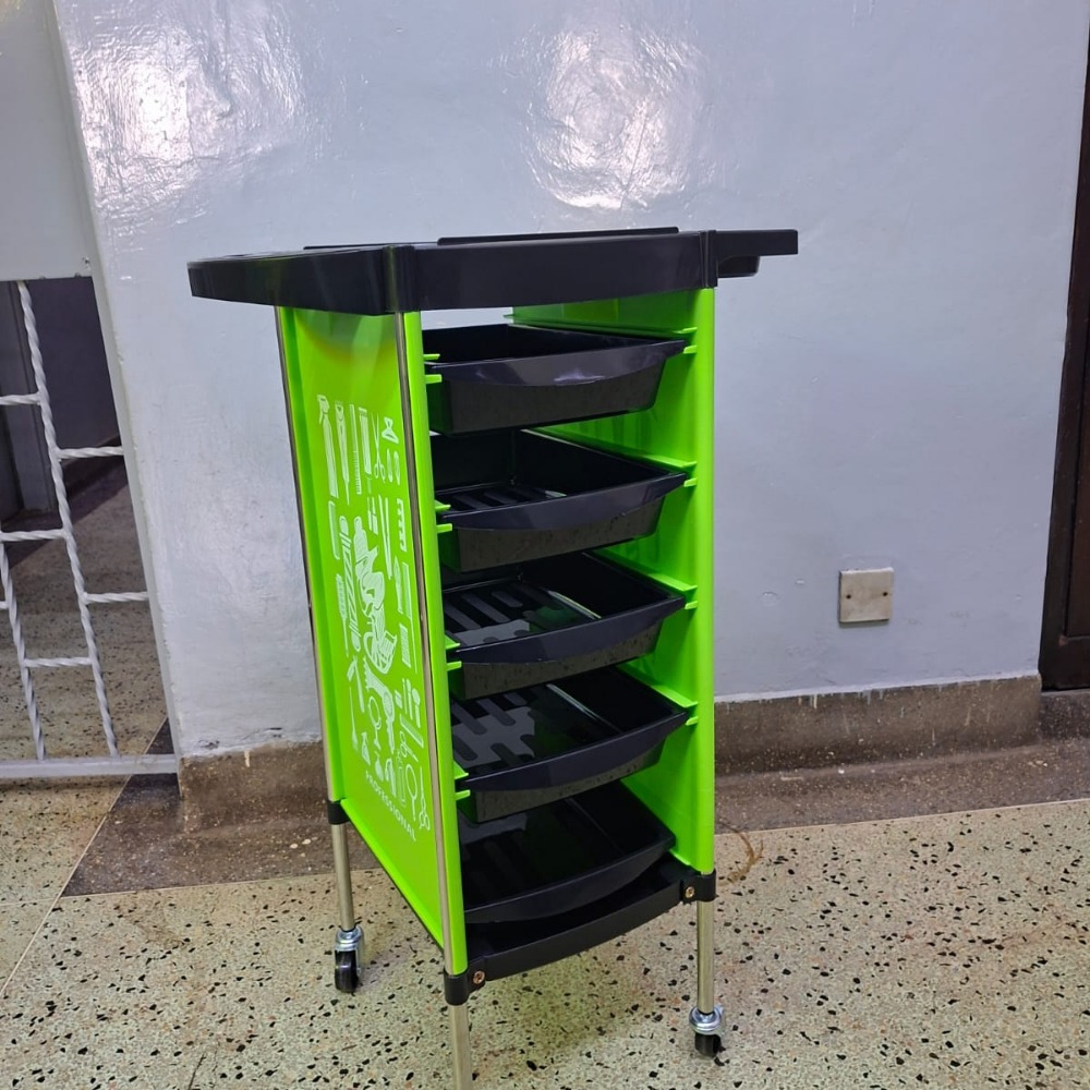 Art decoration trolley with shelves and wheels for salon use.