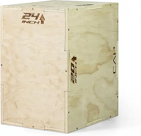 Wooden plyometric jump box with three height settings: 16”, 18”, and 20”
