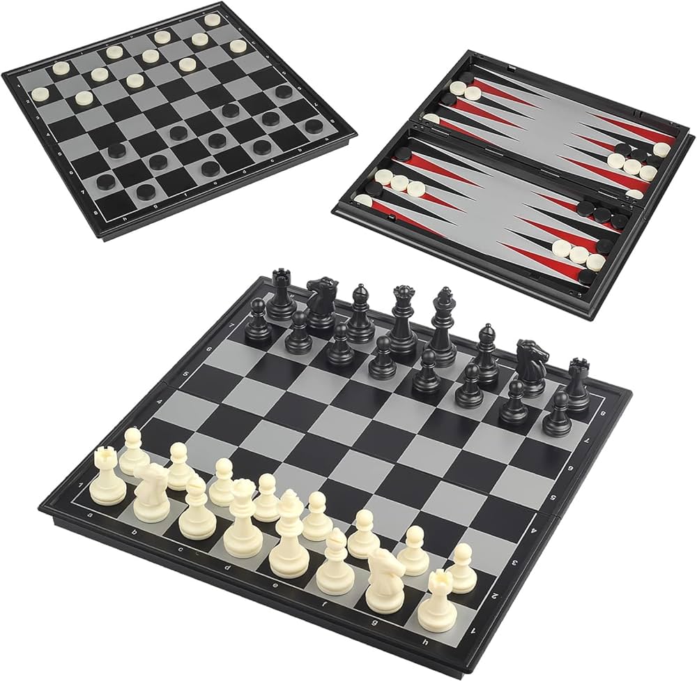 3-in-1 board game set with chess, checkers, and backgammon pieces on folding board