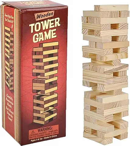 54-piece wooden Jenga game set with stacked tower and scattered blocks