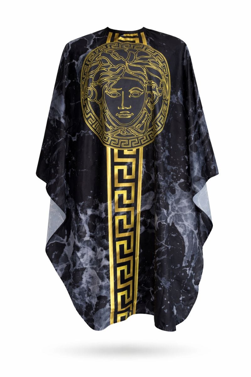 Grey Versace-inspired barber gown with marble pattern and gold detailing.