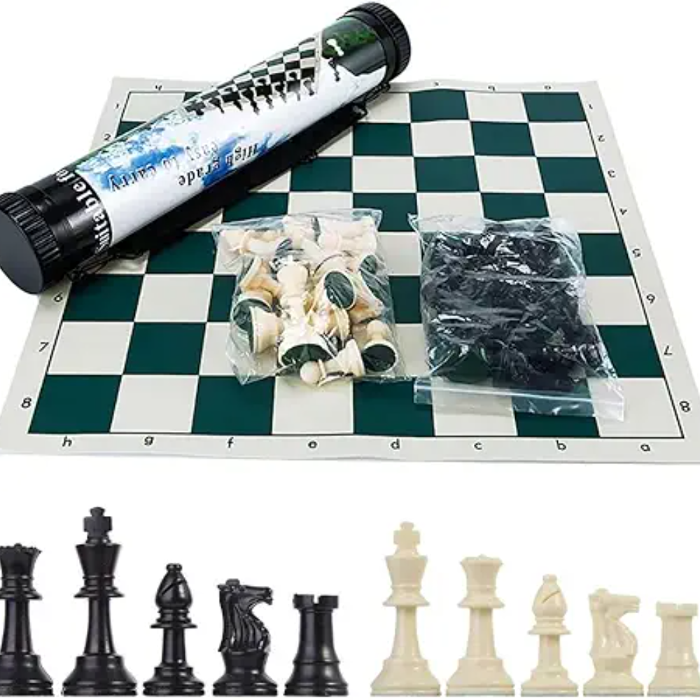 Tournament-size tube chess set with vinyl roll-up board and Staunton pieces