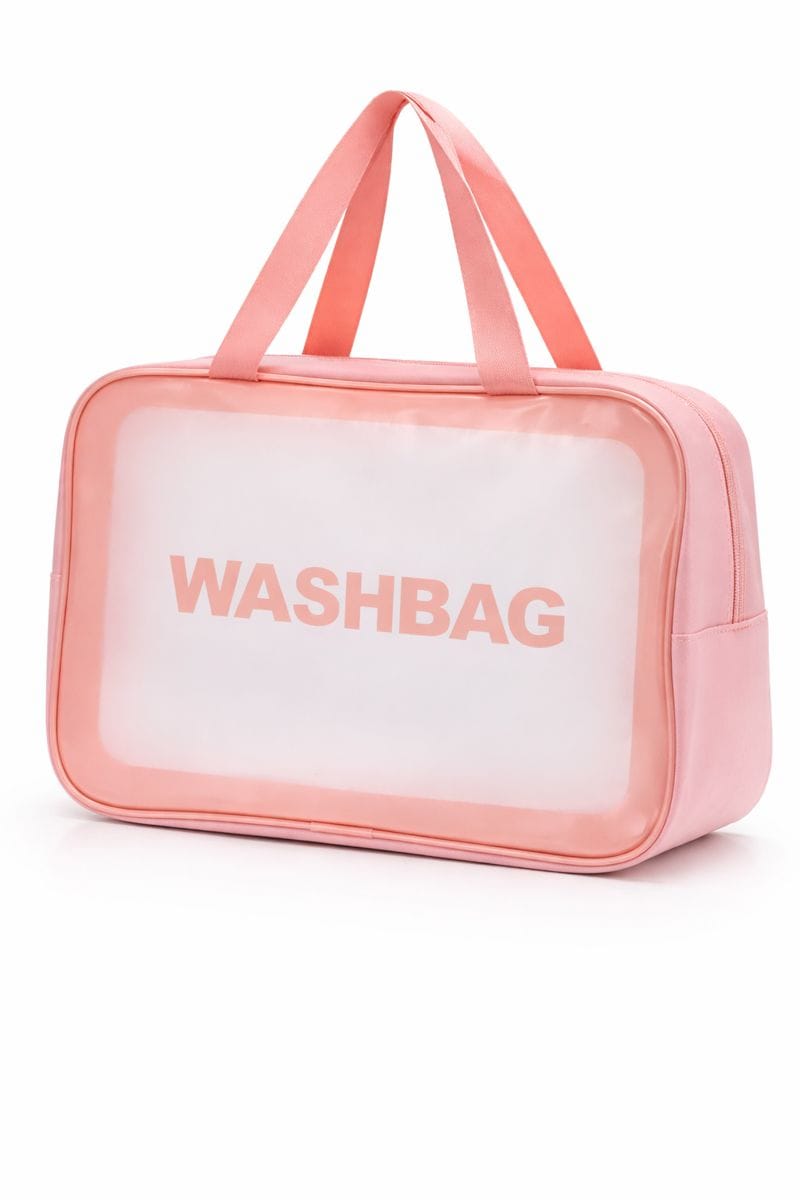 pink transparent waterproof travel washbag for toiletries.
