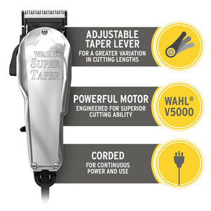 Original Wahl Super Taper Chrome, professional-grade clipper with sleek chrome finish and adjustable taper lever.