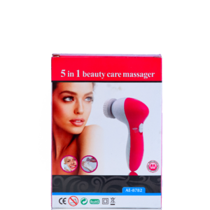 5-in-1 Multi-Function Facial Cleansing Brush with five attachments for cleansing, exfoliating, and massaging, powered by 2 AA batteries, compact and portable for on-the-go skincare."