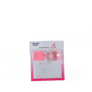 Nail art stamping kit with pink and white plates for creating intricate designs at home.