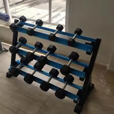 Front view of a 3-tier 134cm dumbbell rack holding multiple pairs of weights