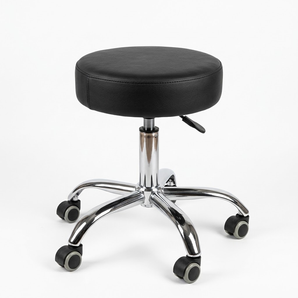 Durable round hydraulic stool with PU leather seat, adjustable height, swivel design, and wheels, perfect for salons and spas.