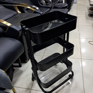 Durable metallic beauty trolley with storage & wheels.