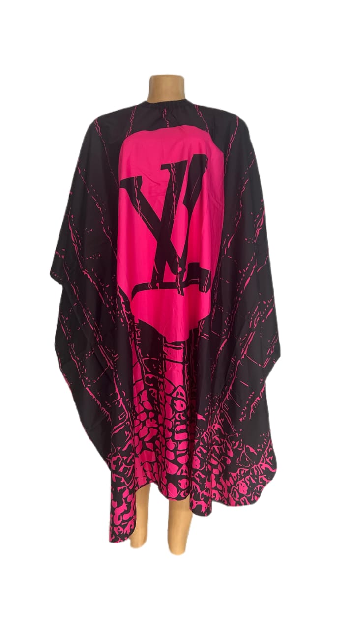 Pink and black Louis Vuitton-inspired barber gown.