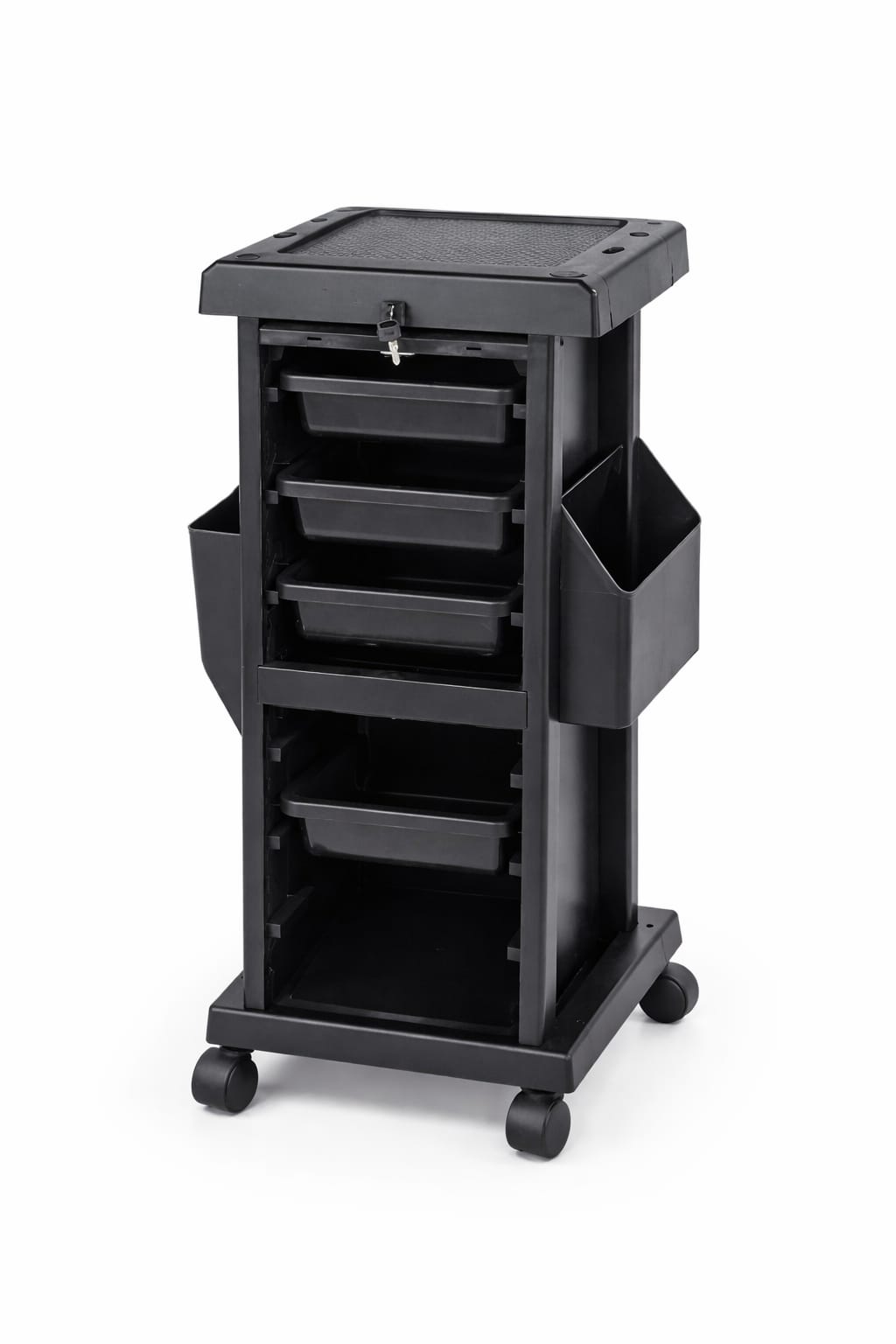 Lockable PVC salon trolley with drawers and wheels.
