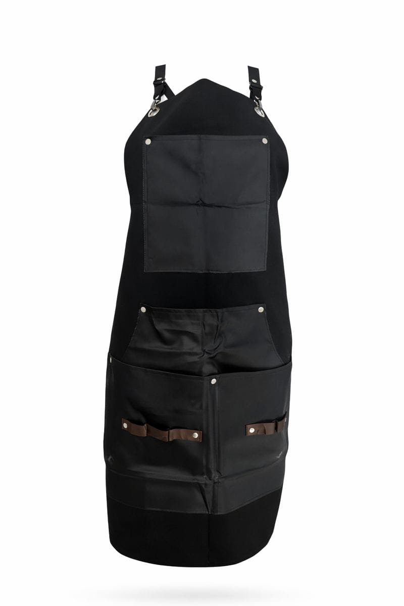 Black leather stylist gown for salon and barbershop use.
