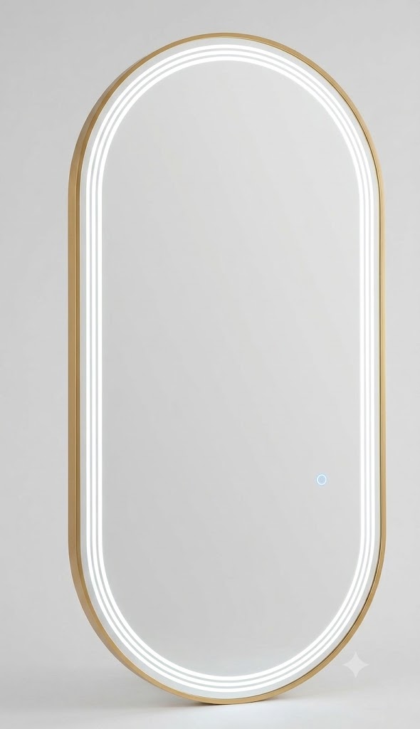 1.5M Oval Gold LED Mirror with Front & Back Lighting, Triple Line Design.