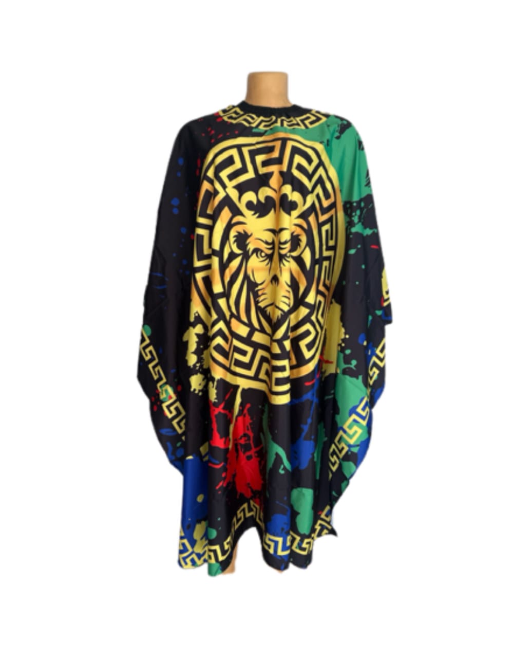 Multicolor Versace-inspired barber gown with gold lion design.